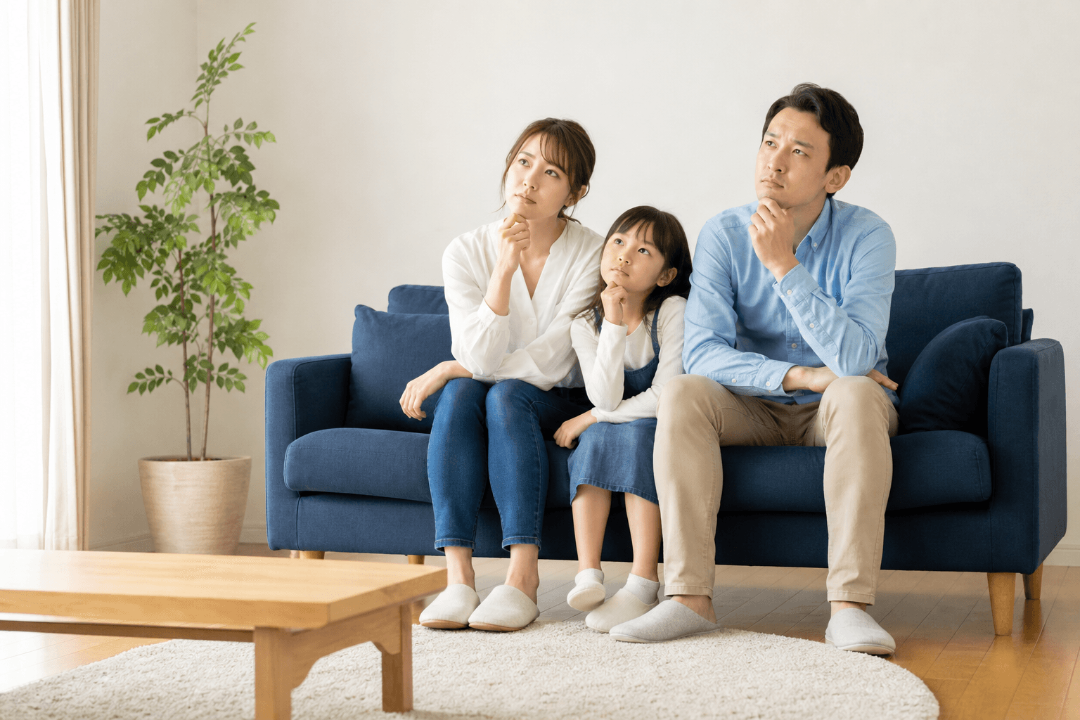 ネイビーのソファで住宅購入を考え込む30代のご夫婦とお子様
